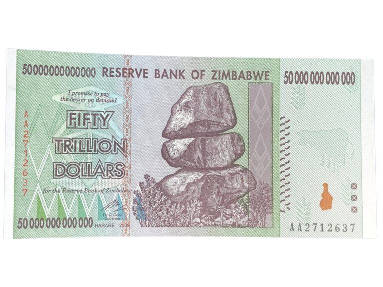 Read more about the article 50 Trillion Dollar 2008 Zimbabwe Banknote AA P-90 Gem Unc 100 Trill Series