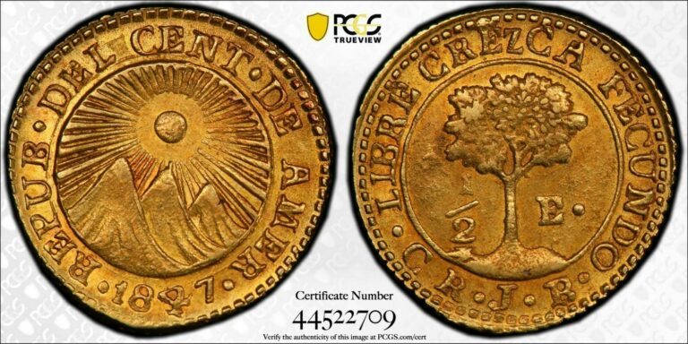 Read more about the article Costa Rica: Central American Republic gold 1/2 Escudo 1847 CR-JB PCGS MS 63