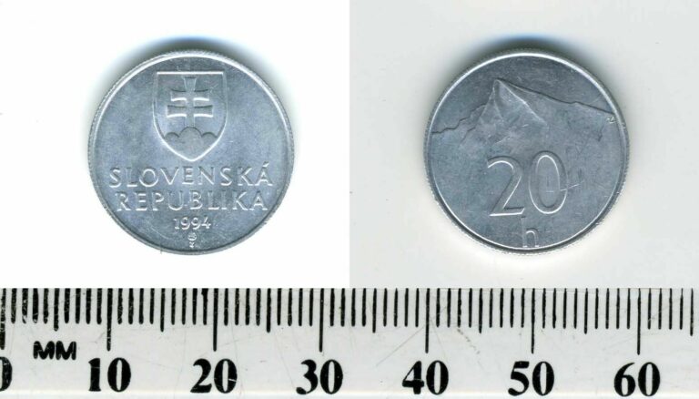 Read more about the article Slovakia 1994 – 20 Halierov Aluminum Coin – Double cross on shield – Mountain