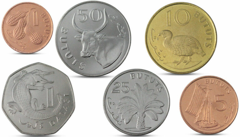 Read more about the article GAMBIA CURRENCY SET 6 COINS 1  5  10  25  50 BUTUTS  1 DALASI 1998 2014 UNC