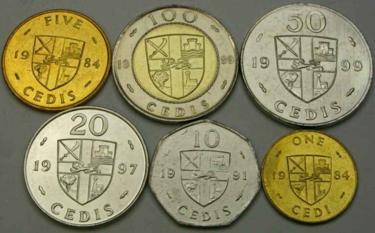 Read more about the article GHANA 1 Cedi / 100 Cedis 1984/1999 – Lot of 6 Coins – UNC *