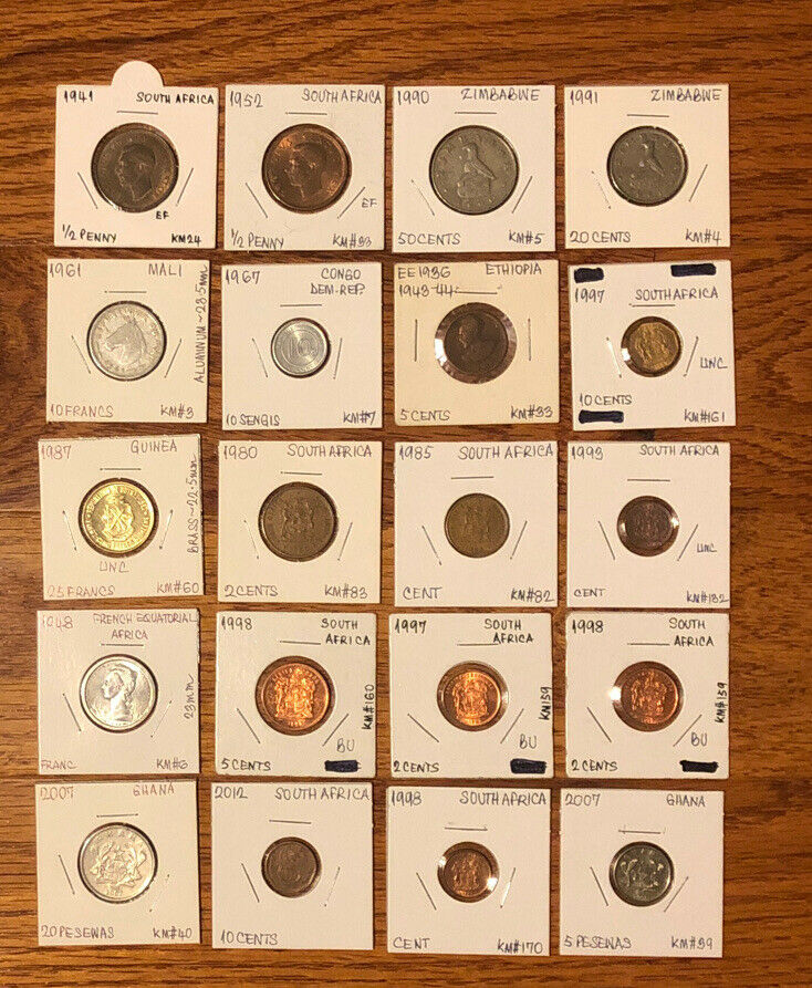 Read more about the article AFRICA 20 COINS:1941-2007 SOUTH AFRICA ZIMBABWE MALI GHANA GUINEA CONGO ETHIOPIA