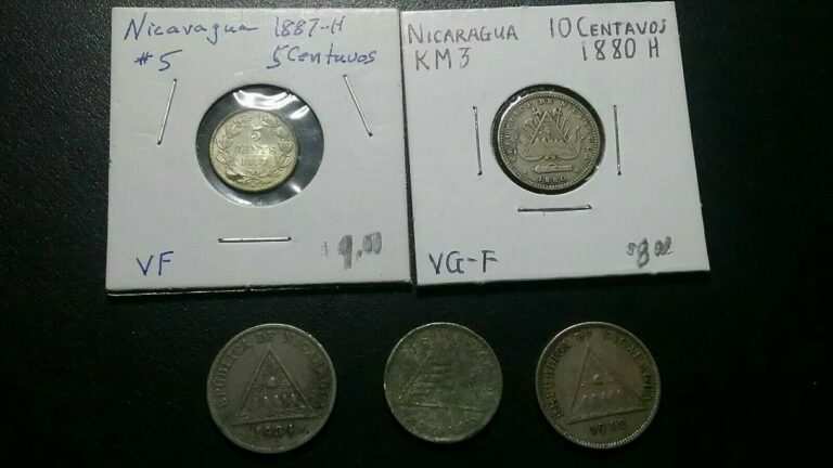 Read more about the article LOT OF 5 NICARAGUA COINS . 1887-H 5 CENTAVOS   1880-H 10 CENTAVOS +