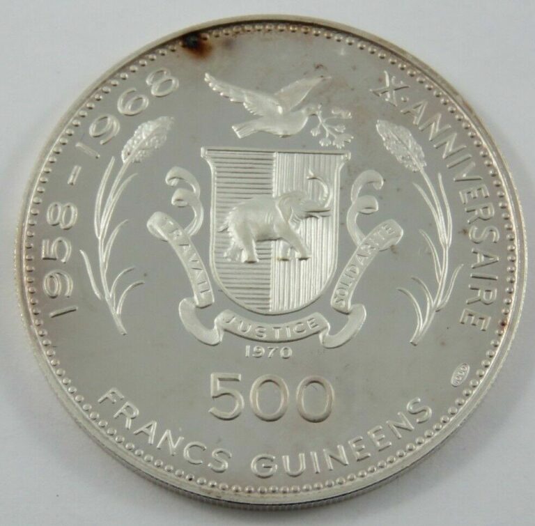 Read more about the article GUINEA 1970 SILVER 500 FRANCS IKNATON LOW MINTAGE-4180 COINS  .999 SILVER .934oz