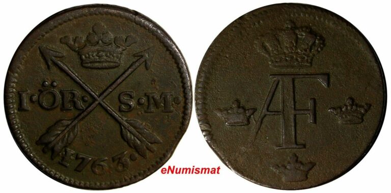 Read more about the article SWEDEN Adolf Frederick (1751-1771) Copper 1763 S.M. 1 Ore 1 KM# 460