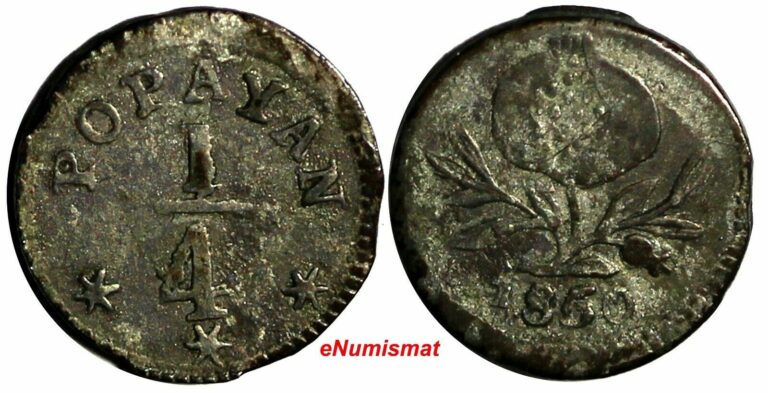 Read more about the article COLOMBIA POPAYAN Silver 1850 1/4 Real VF Toned KM# 108.2