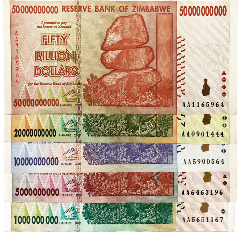 Read more about the article Zimbabwe 1  5  10  20  50 Billion Dollar Bills Money Currency Hyperinflation