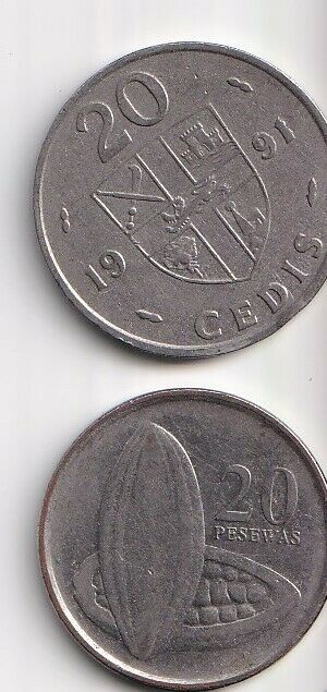 Read more about the article 2 DIFFERENT COINS from GHANA – 1991 20 CEDIS and 2007 20 PESEWAS