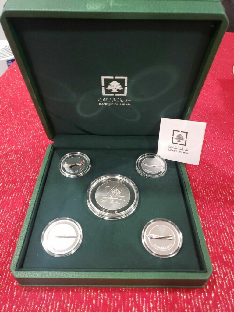 Read more about the article Lebanon 2015 set 5 Silver coins 70 Aniv MEA Airlines Boeing Douglas Comet Airbus