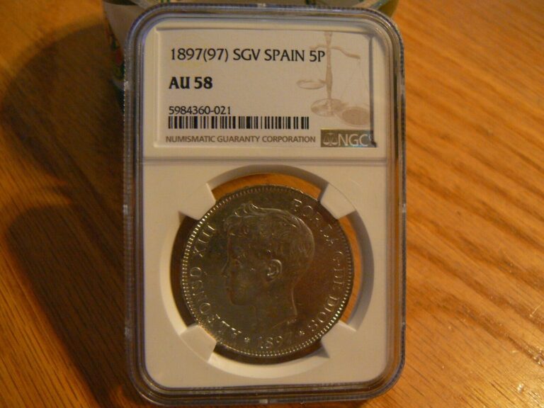 Read more about the article 1897(97)-SGV Spain Alfonso XIII Silver 5 Pesetas NGC AU58