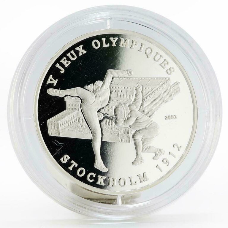 Read more about the article Benin 1000 francs 1912 Stockholm Olympic Games Fencing proof silver coin 2003