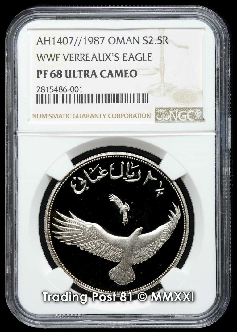 Read more about the article OMAN 1987 – WWF Series Verreaux’s Eagle – 2½ Rials Silver Coin – NGC Proof 68 UC