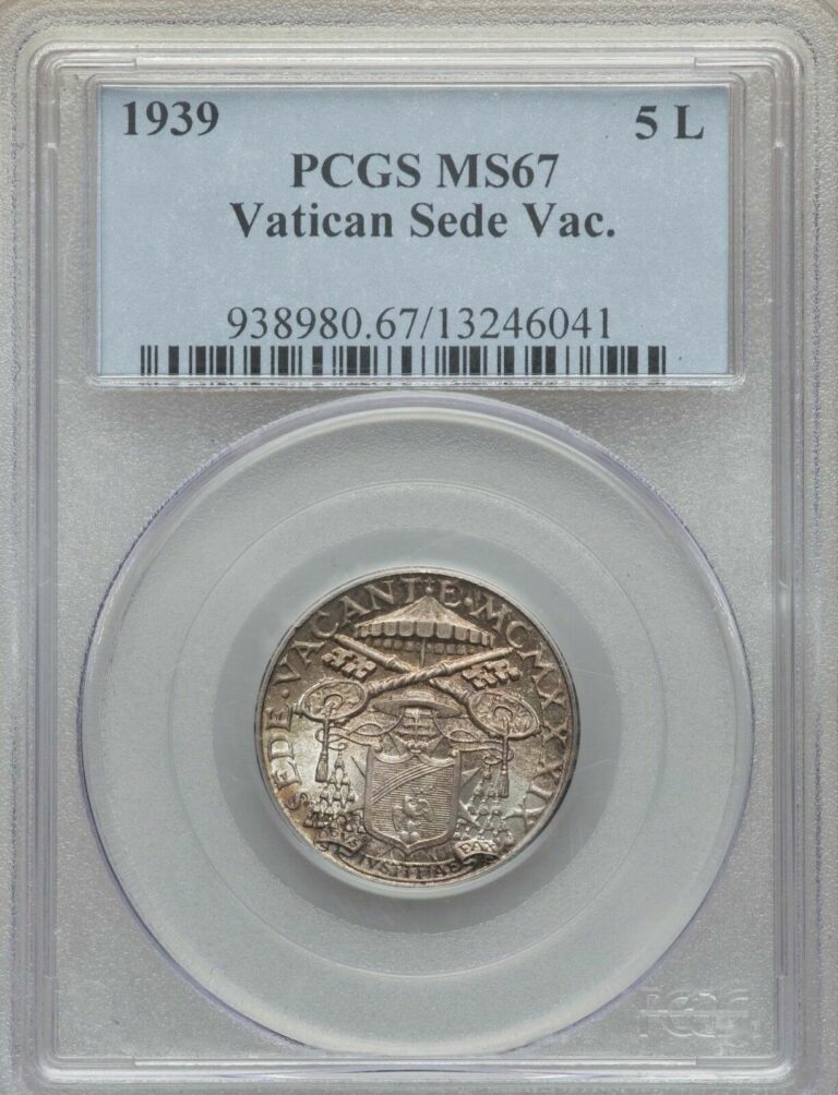 Read more about the article VATICAN CITY  “SEDE VACANTE”  1939  5 LIRE SILVER COIN  CERTIFIED GEM PCGS MS-67