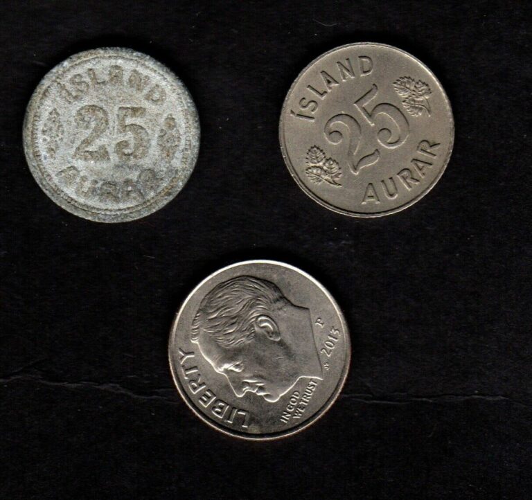 Read more about the article ICELAND  2 DIFFERENT 25 AURAR COINS  1942 and 1963  2 TYPES  L@@K!