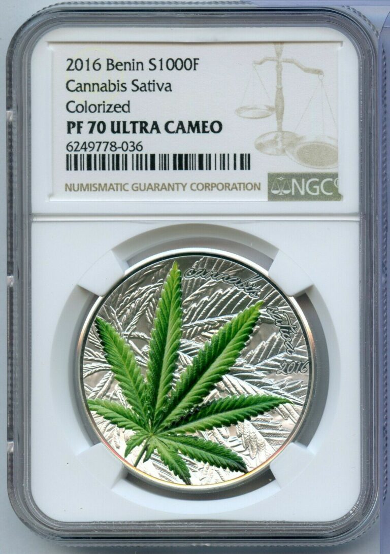 Read more about the article 2016 Benin Cannabis Sativa Marijuana Leaf 1 Oz Silver Proof NGC PF70 Coin JM411