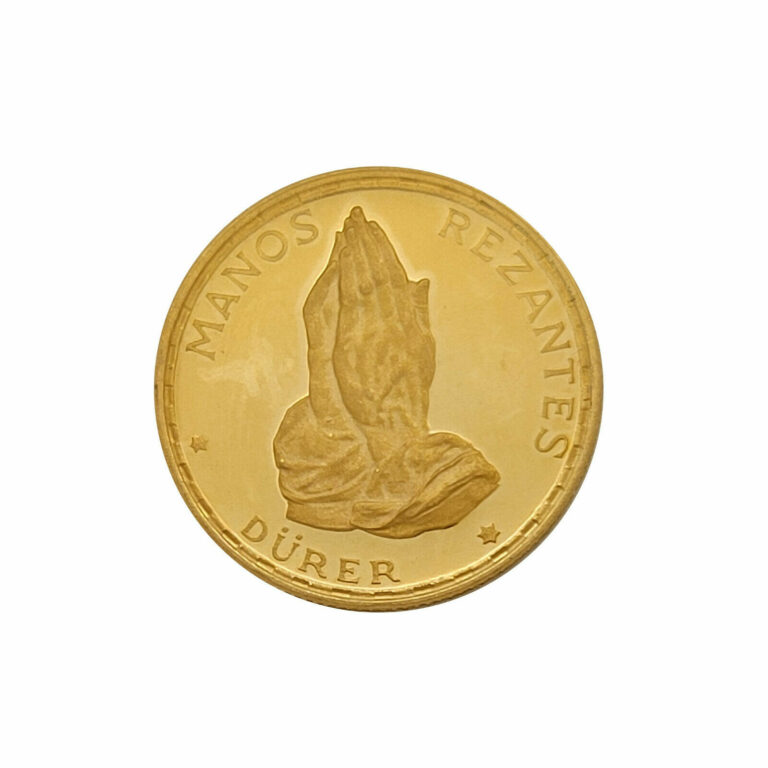 Read more about the article 1970 Rep.Equatorial Guinea Durer Playing Hands 250 Pesetas Proof .999 Gold Coin