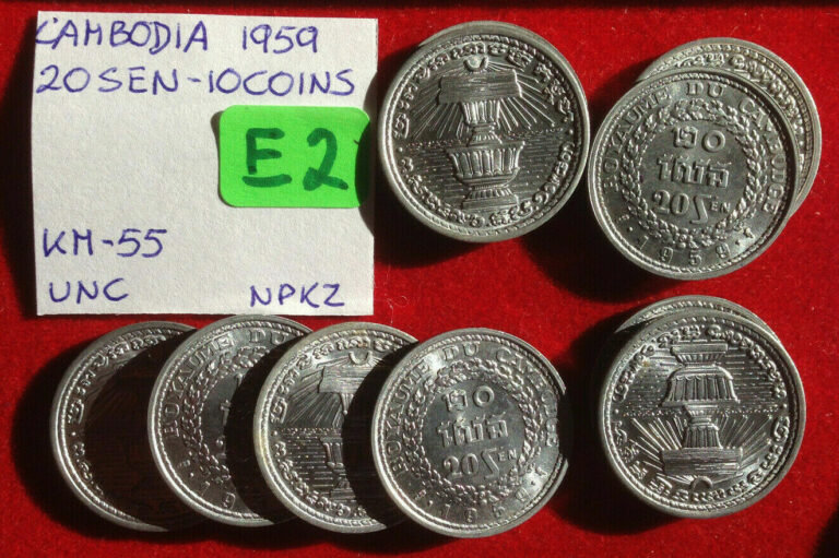 Read more about the article E2 Cambodia; 10 Coins from Min Bag – 20 Sen 1959  KM#55 UNC