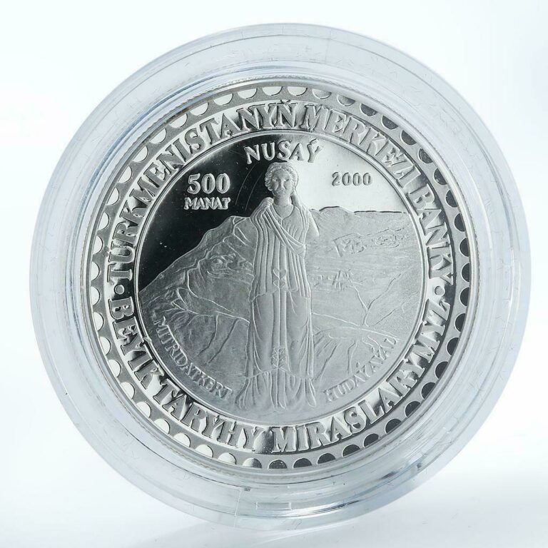 Read more about the article Turkmenistan 500 manat Nisa Fortress II – I century. BC. silver proof coin 2000