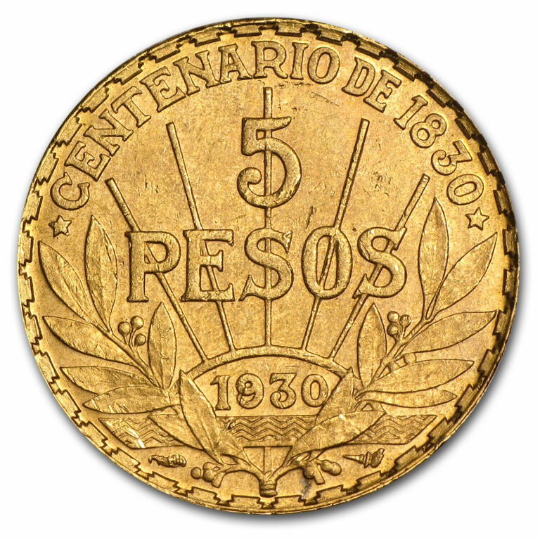 Read more about the article 1930 Uruguay Gold 5 Pesos AU (AGW .2501) – SKU #14243