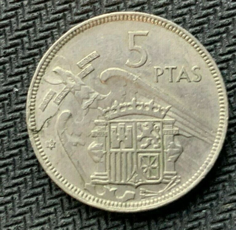 Read more about the article 1957 Spain 5 Pesetas Coin XF   ( Die Crack Error )  “67” on star    #B441