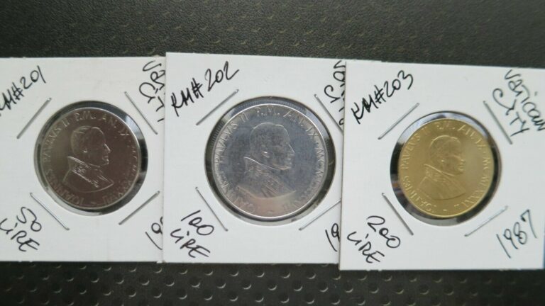Read more about the article 1987 VATICAN CITY LOT OF 3 COINS 50 100  200 LIRE UNC KM#201-203