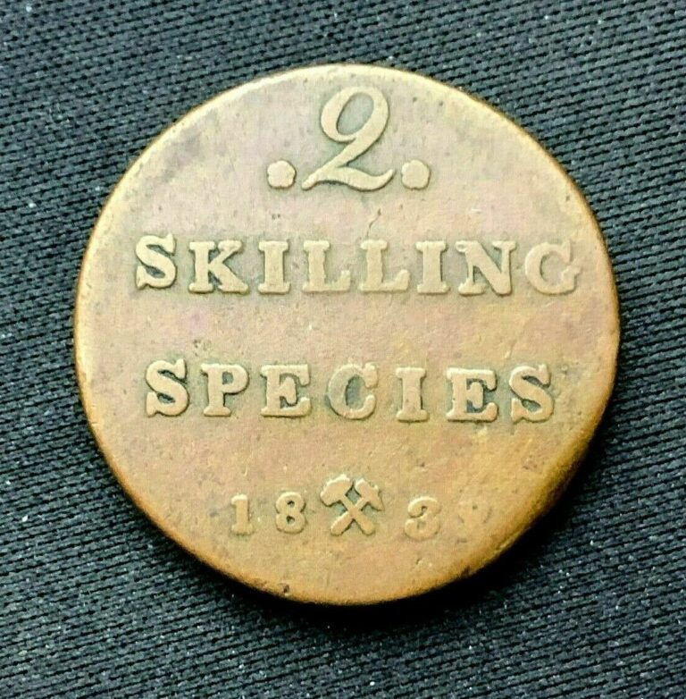 Read more about the article 1832 Norway 2 Skilling Coin    Mintage 723k  ( Includes 1831 )  Copper  #C040