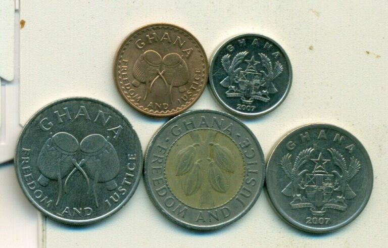 Read more about the article 5 COINS.GHANA.1967 1/2 PESEWAS  2007 5 and 20 PESEWAS and 1991 50 and 100 CEDIS