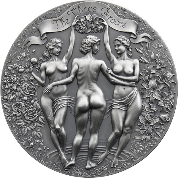 Read more about the article The Three Graces Celestial Beauty 2 oz Antique finish Silver Coin Cameroon 2020