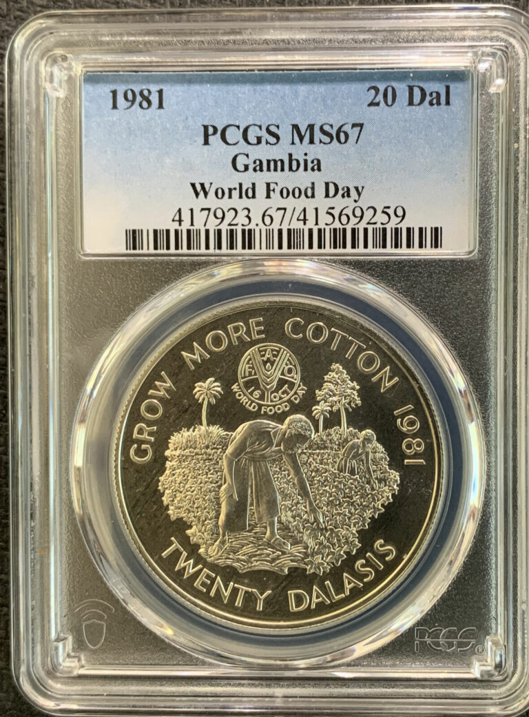 Read more about the article Gambia 1981 20 Dalasis / World Food Day / PCGS MS67 / Very Nice Coin