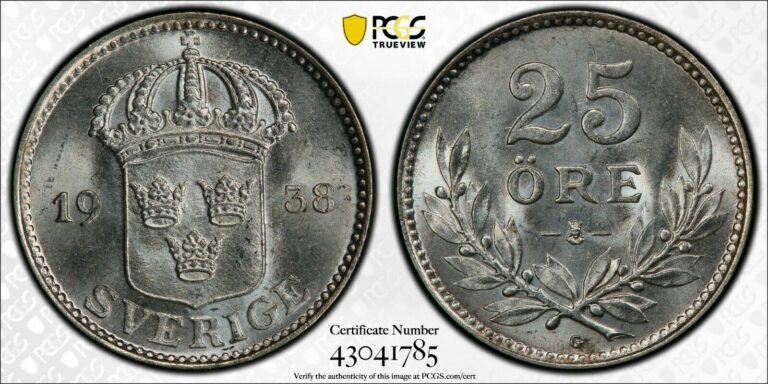 Read more about the article 1938 Sweden Twenty Five (25) Ore PCGS MS 65 Witter Coin