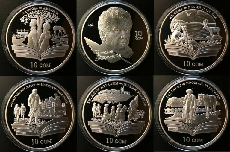 Read more about the article Kyrgyzstan Set Of 6 Silver Coins 10 Som 2009 Creativity Of Chingiz Aitmatov+Cert