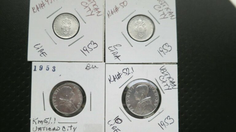 Read more about the article 1953 VATICAN CITY LOT OF 4 COINS 1 2 5 10 LIRE UNC KM#49.1-KM#52.1
