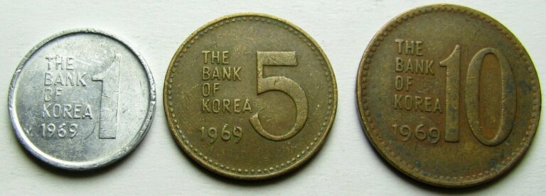 Read more about the article South Korea ~ 1969 ~ 1 Won 5 Won 10 Won Coins all three BANK OF KOREA 1969