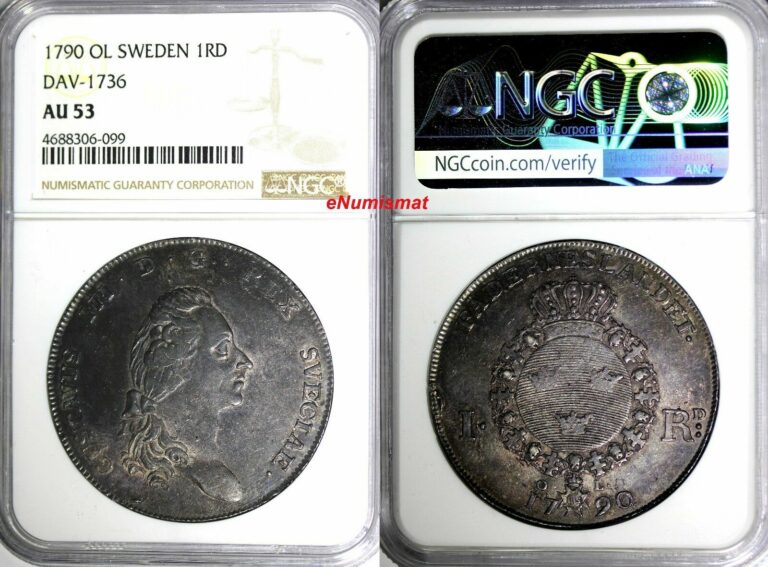 Read more about the article SWEDEN Gustaf III Silver 1790 OL 1 Riksdaler NGC AU53 TONED   Dav-1736 KM# 527