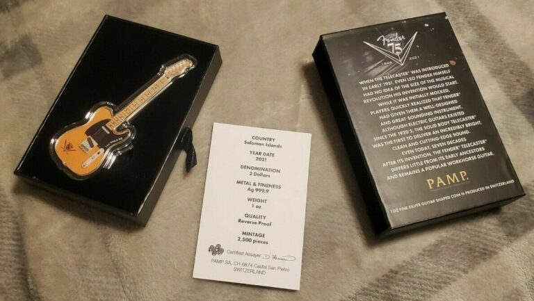 Read more about the article 2021 Fender Telecaster Guitar Shaped Silver 1 oz Coin Solomon Islands Rare