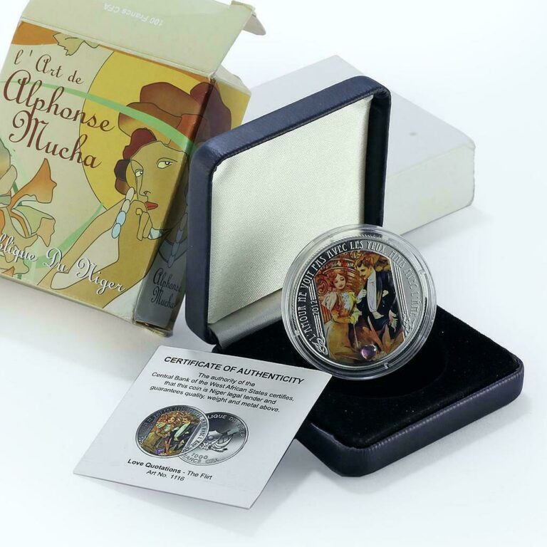 Read more about the article Niger 1000 francs Alfonso Mucha The Flirt Art colored silver coin 2012