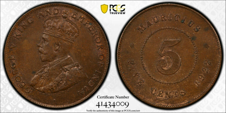 Read more about the article British Mauritius 1922 George VI Five Cents  5 Cents. PCGS MS 64. 360 000 Minted