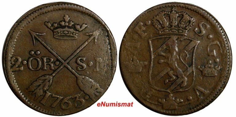 Read more about the article Sweden Adolf Frederick Copper 1763 2 Ore  S.M. Low Mintage-401 000 KM461 (15140)