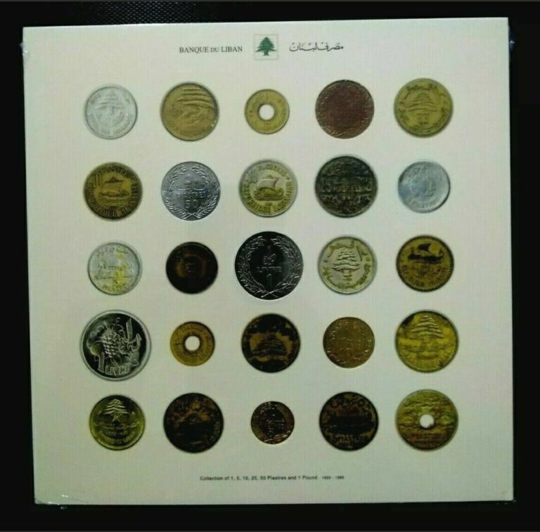 Read more about the article LEBANON 2012 UNC COLLECTION 5pcs 5 10 25 50 1 POUND COINS 1925-86  Display card