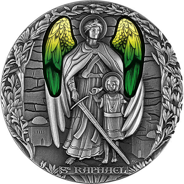 Read more about the article Archangel Raphael 2 oz Antique finish Silver Coin 2000 Francs CFA Cameroon 2022