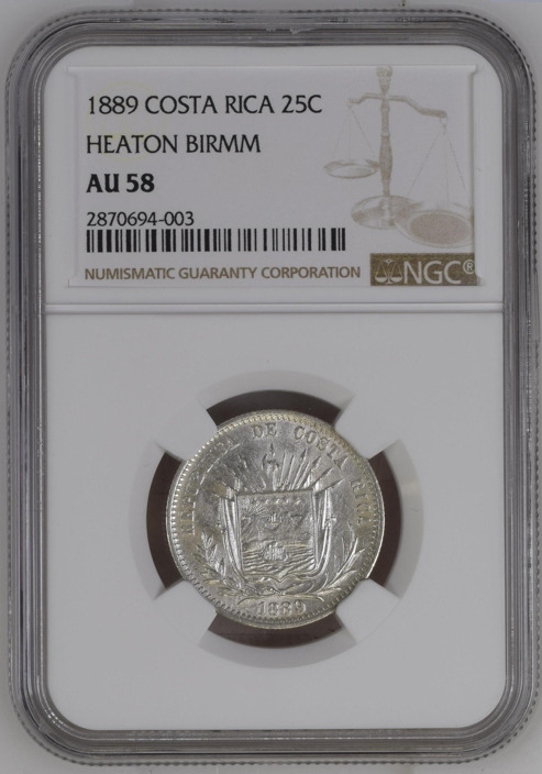 Read more about the article Costa Rica 1889 25 Centavos Heaton Birmm NGC AU58