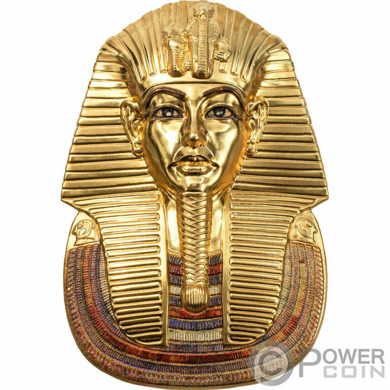 Read more about the article TUTANKHAMUN’S MASK Egyptian Art Shaped 3 Oz Silver Coin 20$ Palau 2022