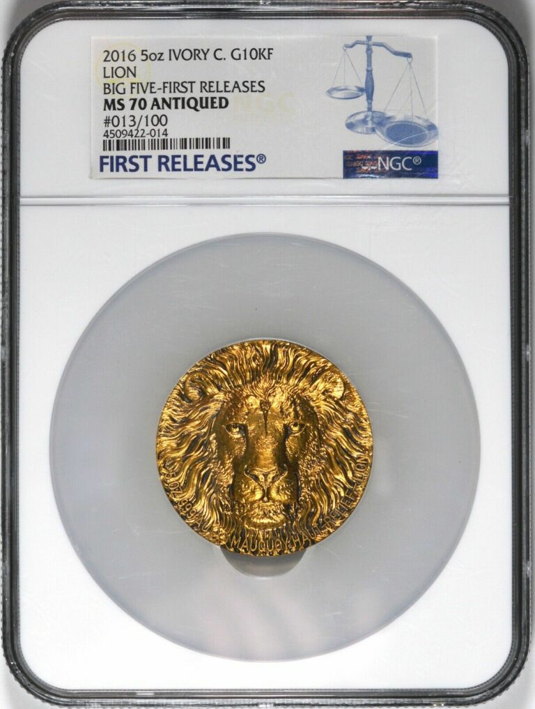 Read more about the article 2016 Ivory Coast Gold G10KF Lion Big Five-First Release 5-Ounce Gold – NGC MS70