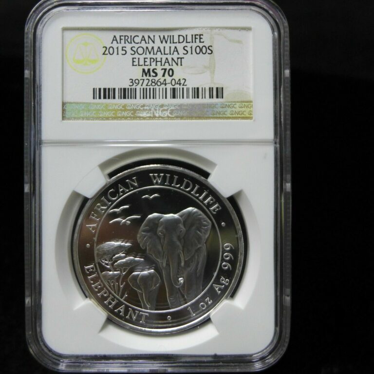 Read more about the article 2015 SOMALI REPUBLIC SOMALIA Elephant Africa Silver 100S Coin NGC MS70