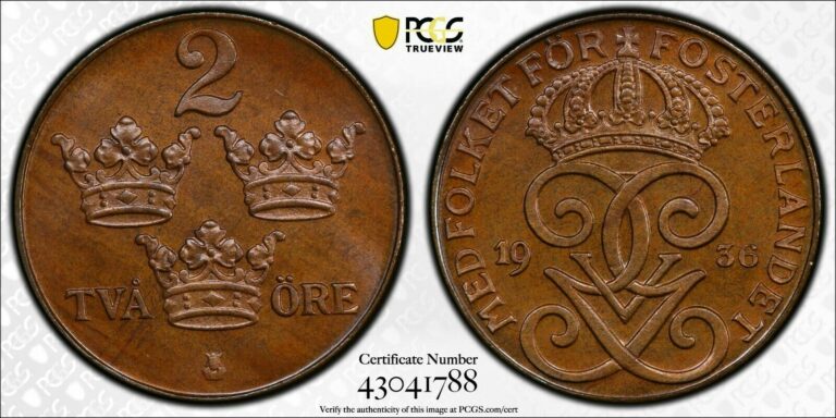 Read more about the article 1936 Sweden Two (2) Öre PCGS MS 66 BN Short 6 Witter Coin