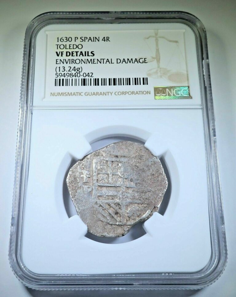 Read more about the article NGC 1630 Spanish Silver 4 Reales Dated Antique VF 1600s Colonial Pirate Cob Coin