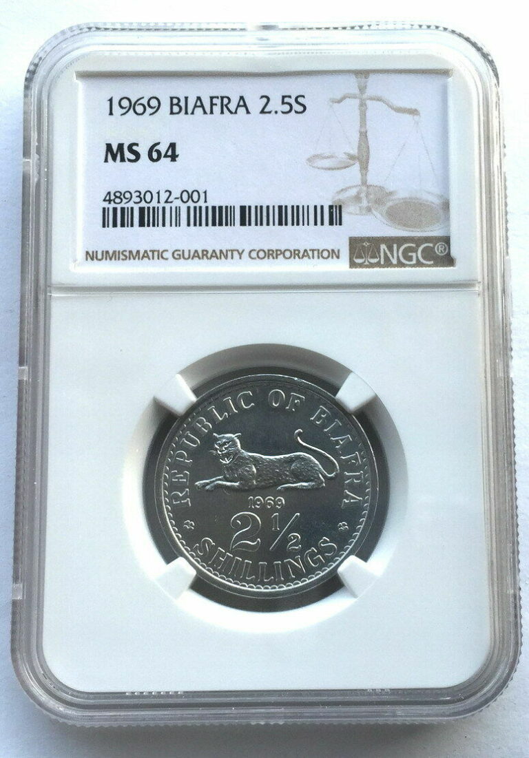 Read more about the article Biafra 1969 Cheetah 2.5 Shillings NGC MS64 Coin UNC