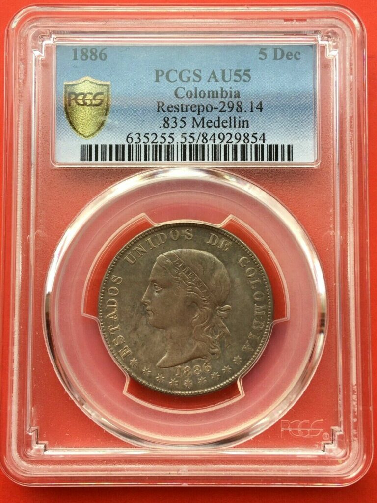 Read more about the article 🔥INTERESTING🔥SILVER 5 DECIMOS MEDELLIN (COLOMBIA) YEAR 1886 PCGS AU55!!