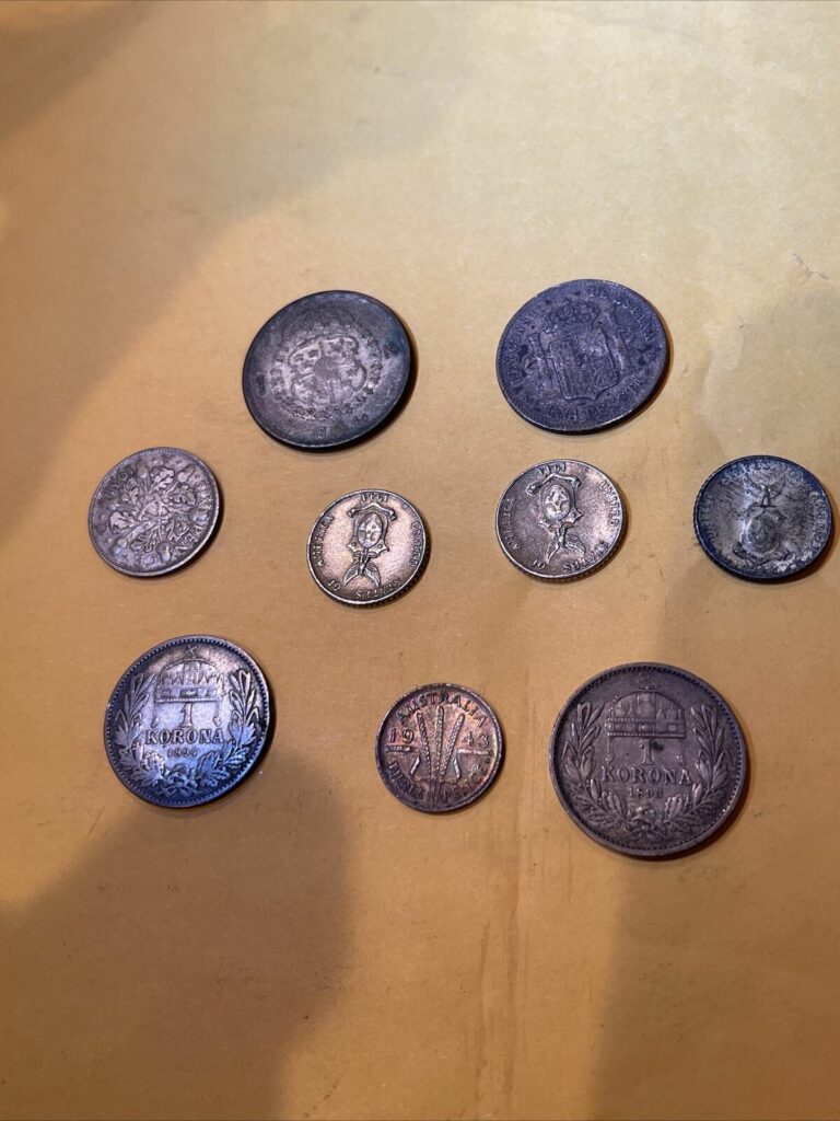 Read more about the article LOT OF NINE (9) World Silver Coins 1891 Spain 1 Peseta 1893 1894 1 Korona and More