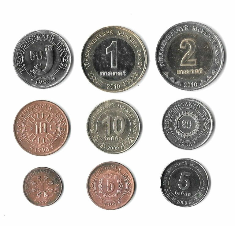 Read more about the article TURKMENISTAN Collection of 9 Coins 1 TENGE – 2 MANAT 1993-2010 Mostly UNC GG141